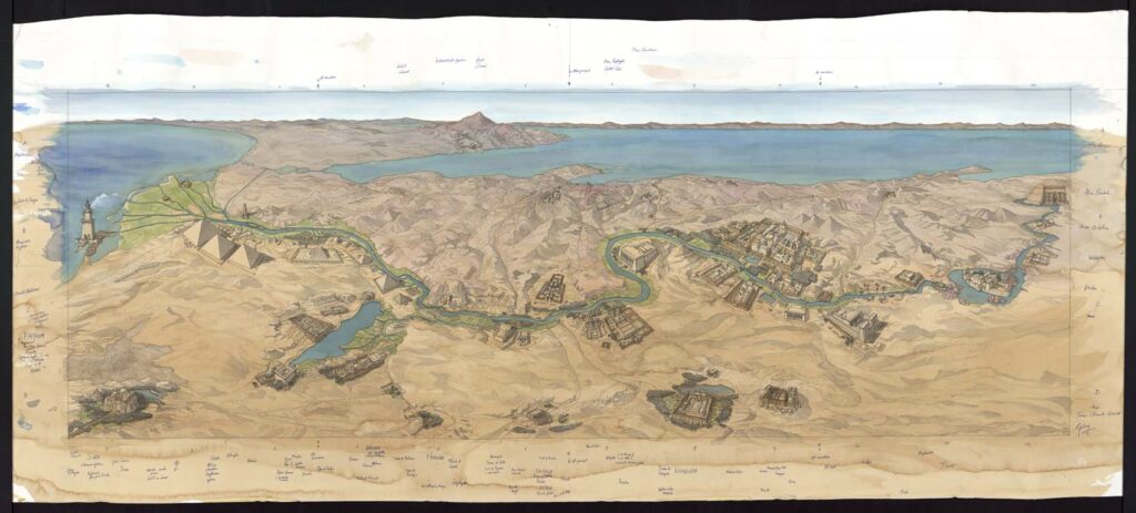 Dessin - Carte iconique : Vallée du Nil d'Alexandrie à Abou Simbel