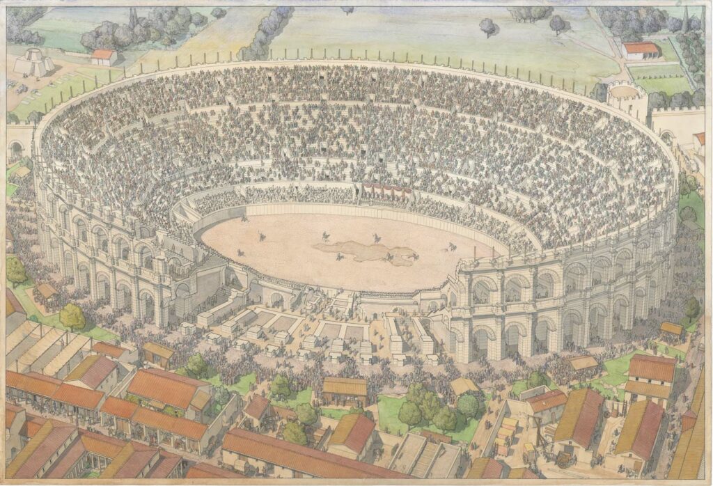 Dessin - Vue en écorché de l’amphithéâtre de Nîmes au moment de l’accès du public