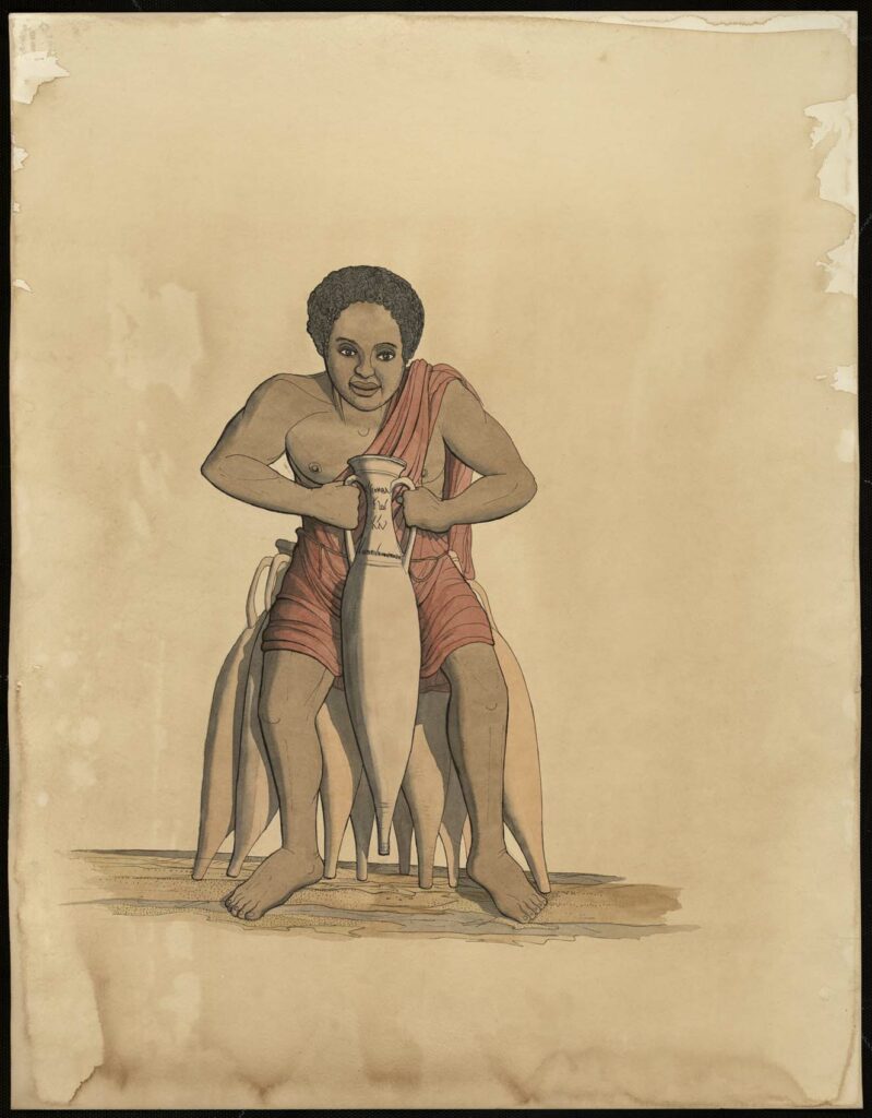 Dessin - Personnage soulevant une amphore avec inscription peinte