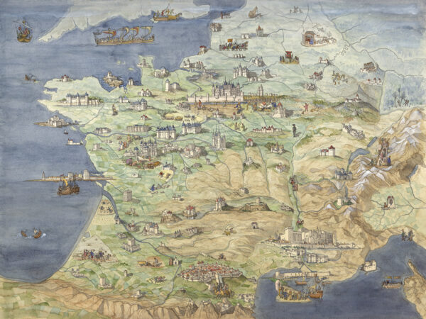 Carte iconique de la France des châteaux à l’époque médiévale en grand format